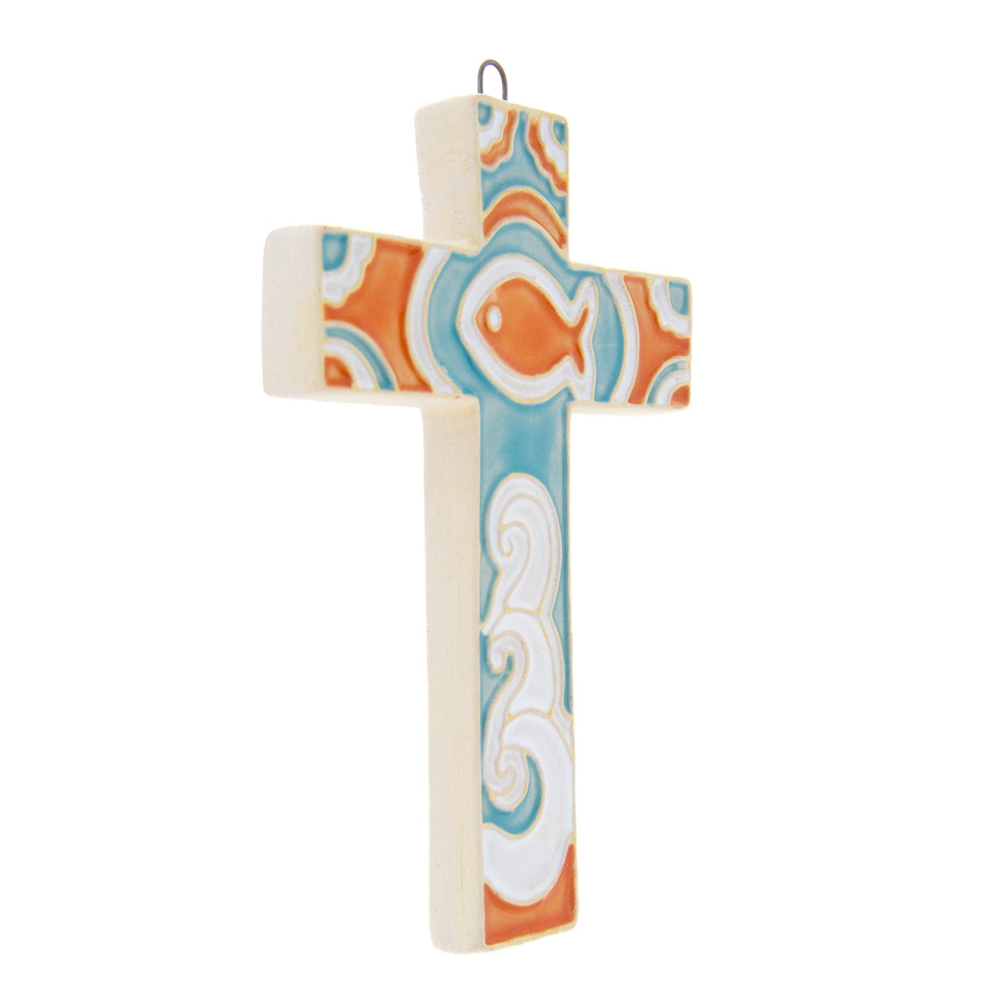 Croce in ceramica smaltata realizzata a mano. Altezza 12 cm