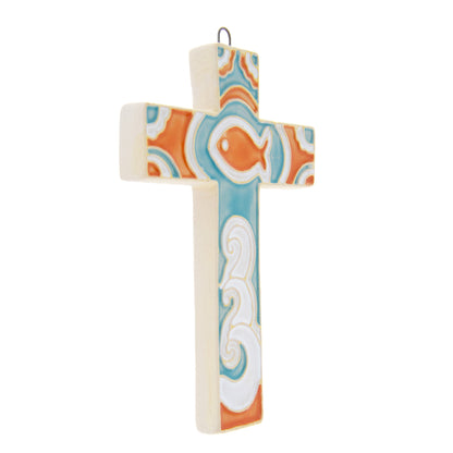 Croce in ceramica smaltata realizzata a mano. Altezza 12 cm