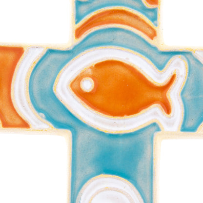 Croce in ceramica smaltata realizzata a mano. Altezza 12 cm