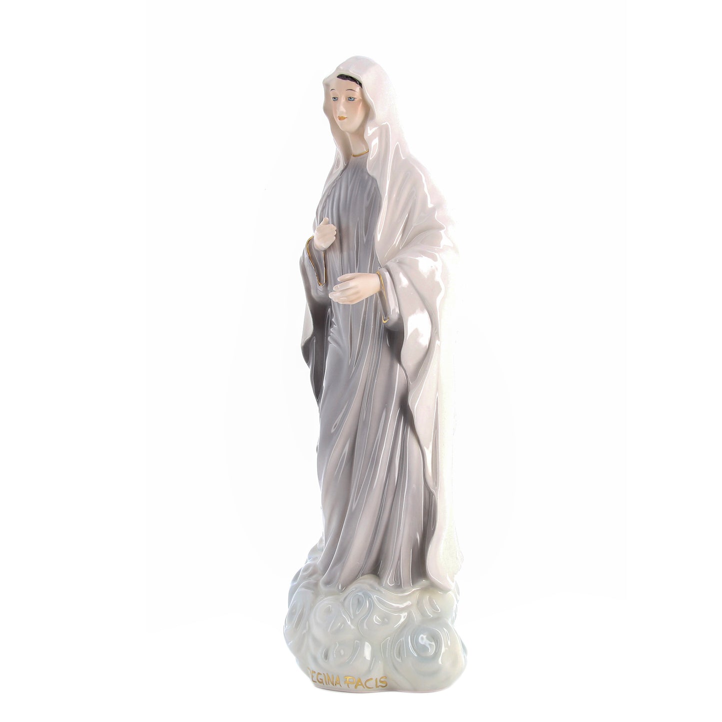 Statua Regina della pace in ceramica colorata dipinta a mano. Altezza 30 cm