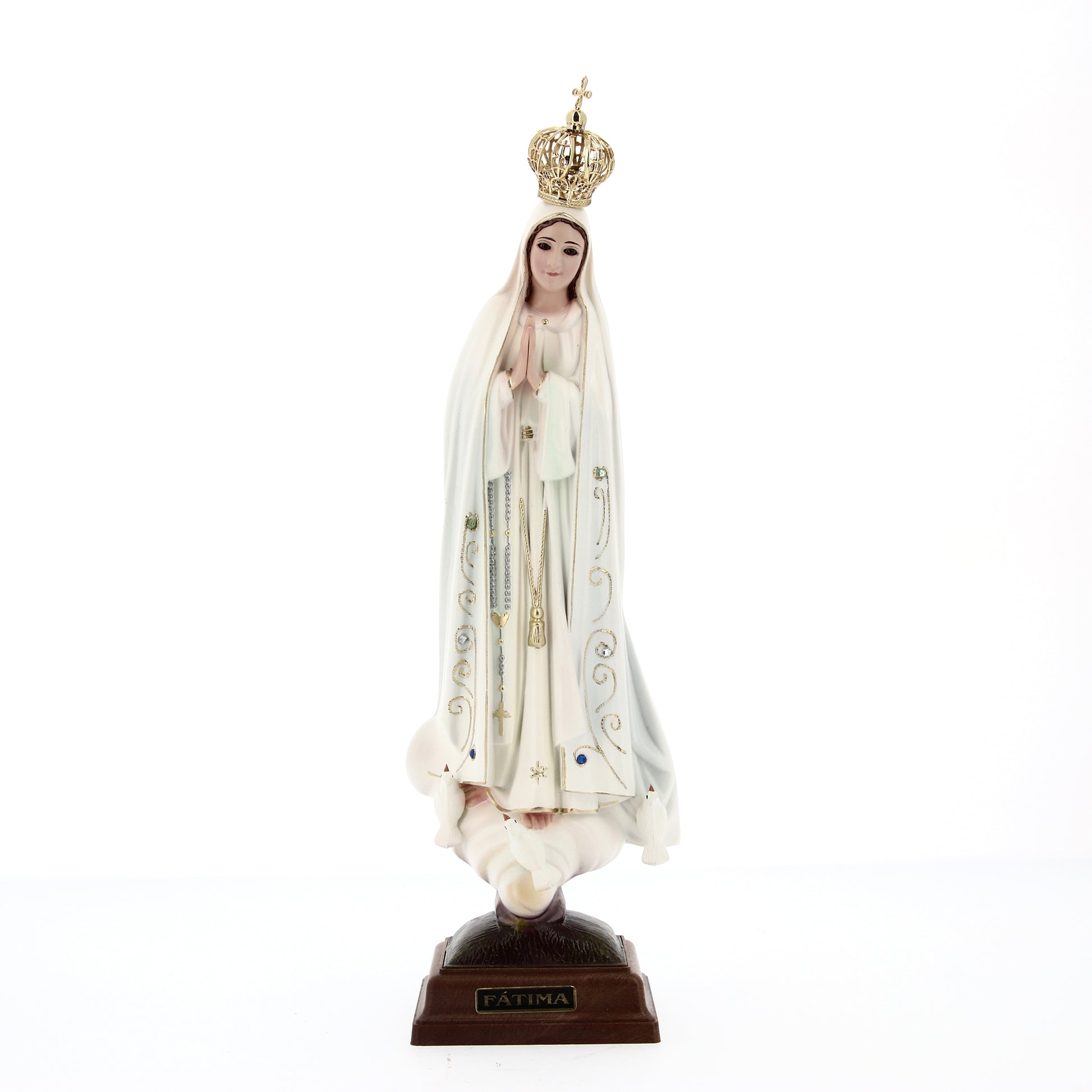 Statua Madonna di Fatima con corona, in resina. Altezza 31 cm