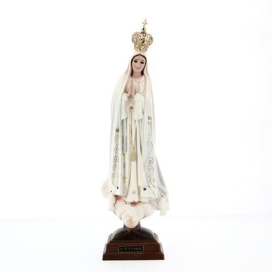 Statua Madonna di Fatima con corona, in resina. Altezza 31 cm