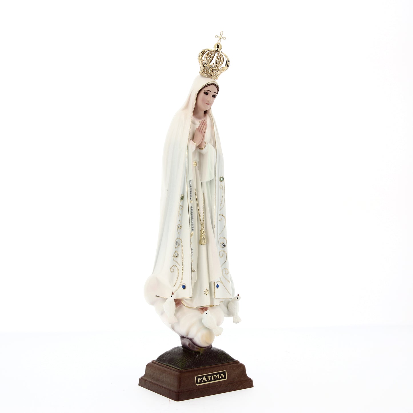 Statua Madonna di Fatima con corona, in resina. Altezza 31 cm