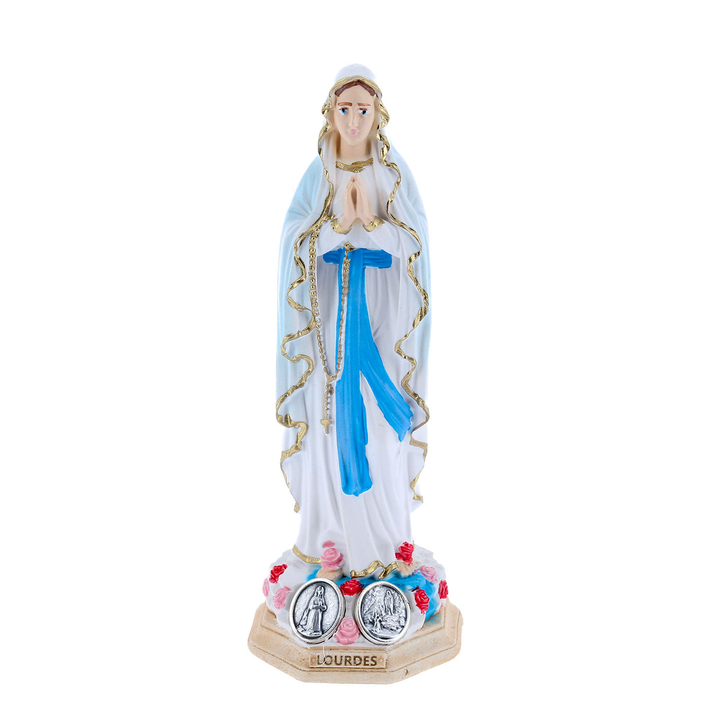 Statua Madonna di Lourdes in resina colorata e medaglia. Altezza 10 cm