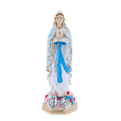 Statua Madonna di Lourdes in resina colorata e medaglia. Altezza 10 cm