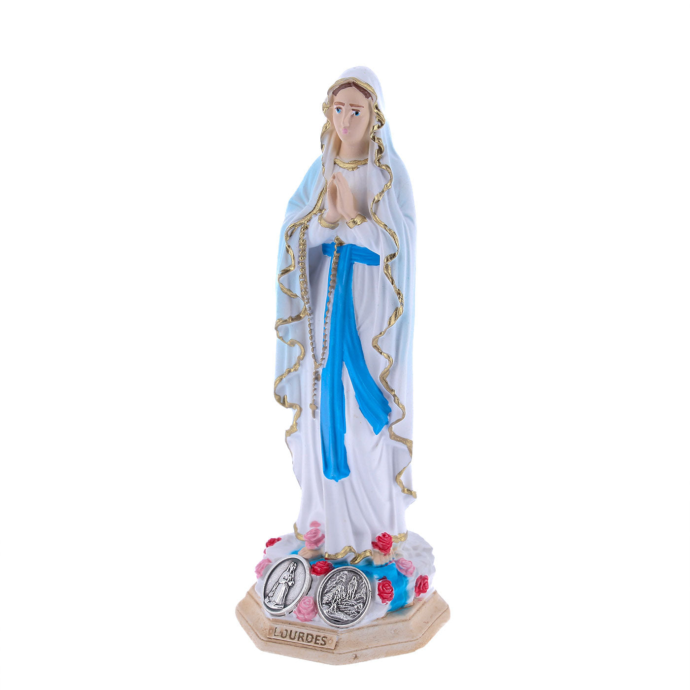 Statua Madonna di Lourdes in resina colorata e medaglia. Altezza 10 cm