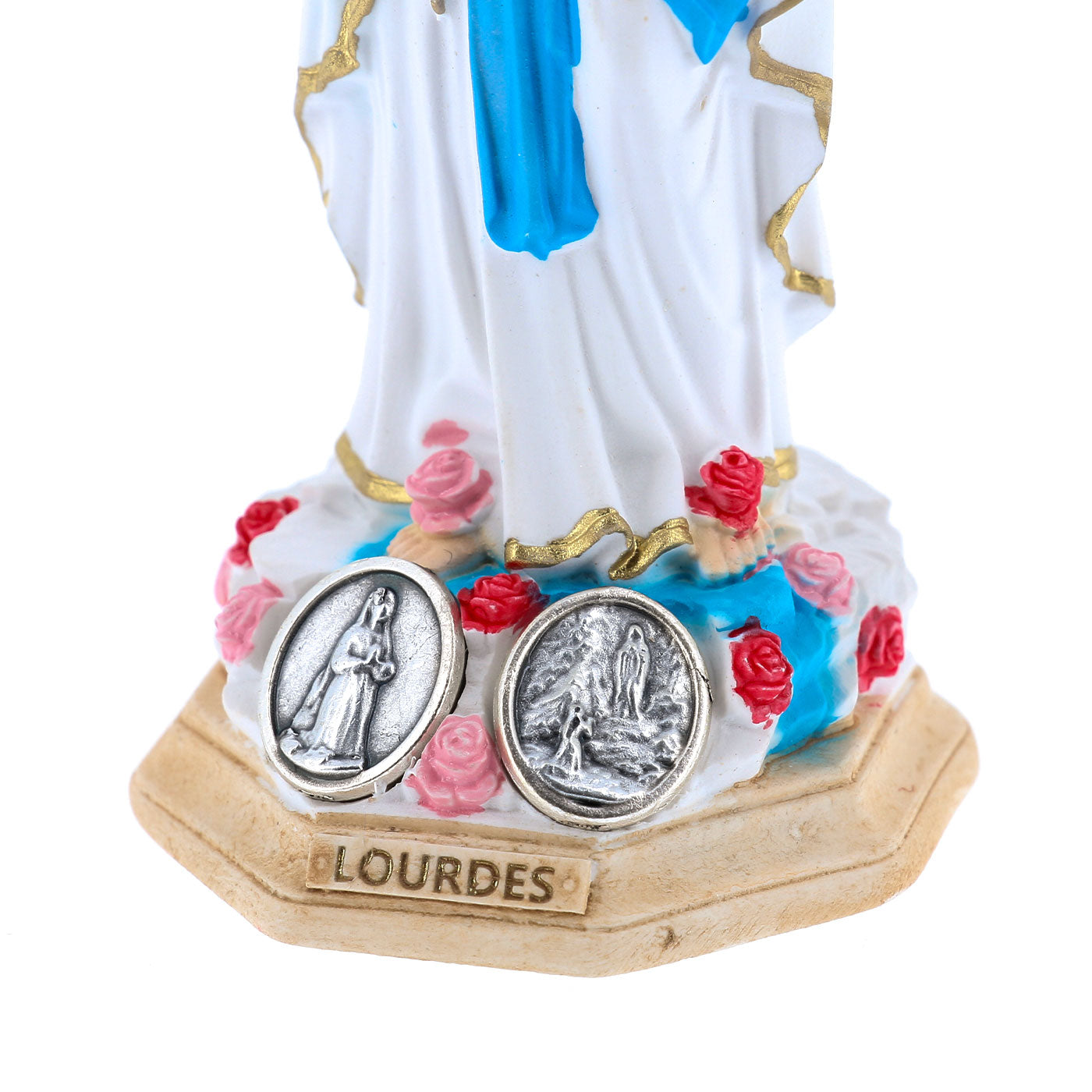 Statua Madonna di Lourdes in resina colorata e medaglia. Altezza 10 cm