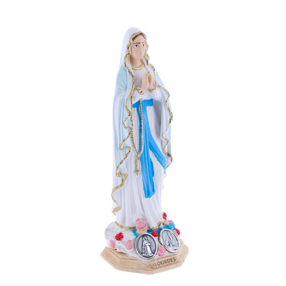Statua Madonna di Lourdes in resina colorata e medaglia. Altezza 10 cm