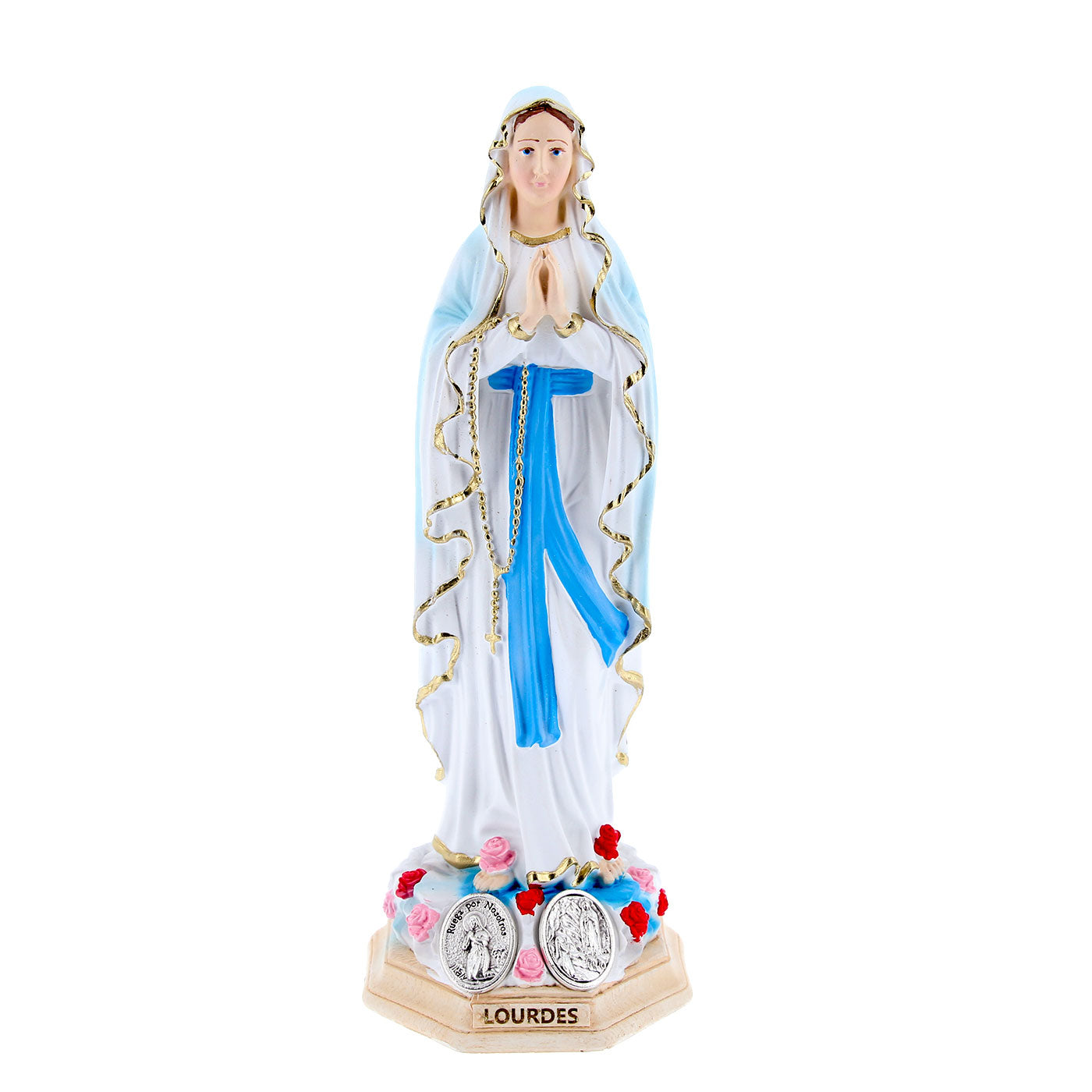Statua Madonna di Lourdes, in resina colorata e medaglia. Altezza 15 cm