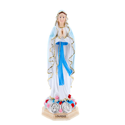 Statua Madonna di Lourdes, in resina colorata e medaglia. Altezza 15 cm