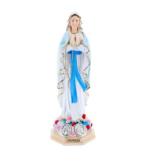 Statua Madonna di Lourdes, in resina colorata e medaglia. Altezza 15 cm