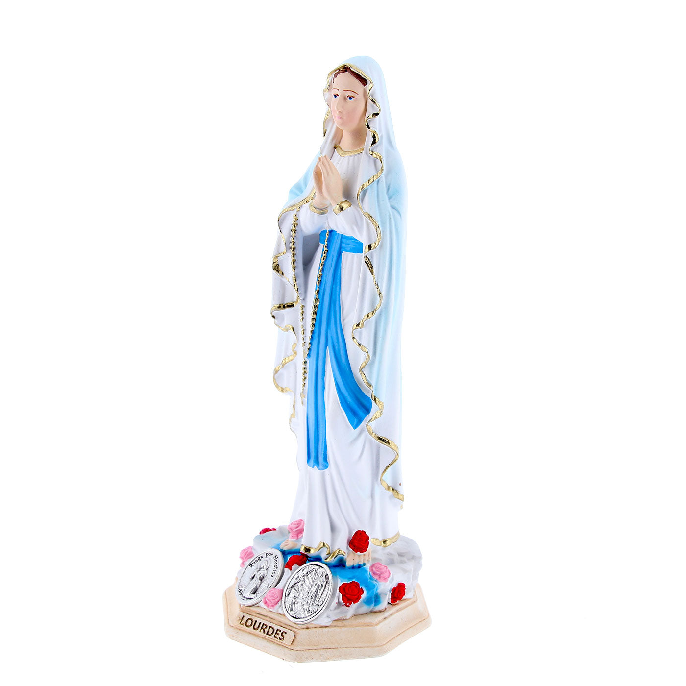 Statua Madonna di Lourdes, in resina colorata e medaglia. Altezza 15 cm