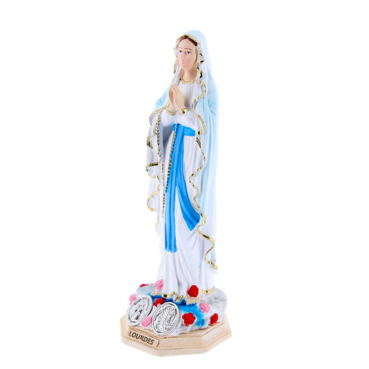 Statua Madonna di Lourdes, in resina colorata e medaglia. Altezza 15 cm