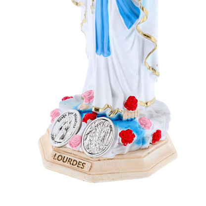 Statua Madonna di Lourdes, in resina colorata e medaglia. Altezza 15 cm