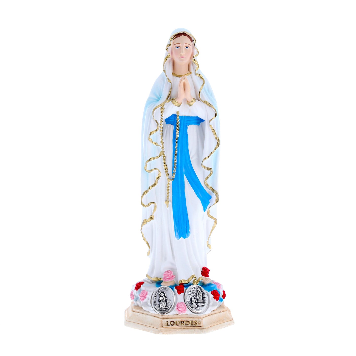 Statua Madonna di Lourdes, in resina colorata e medaglia. Altezza 40 cm