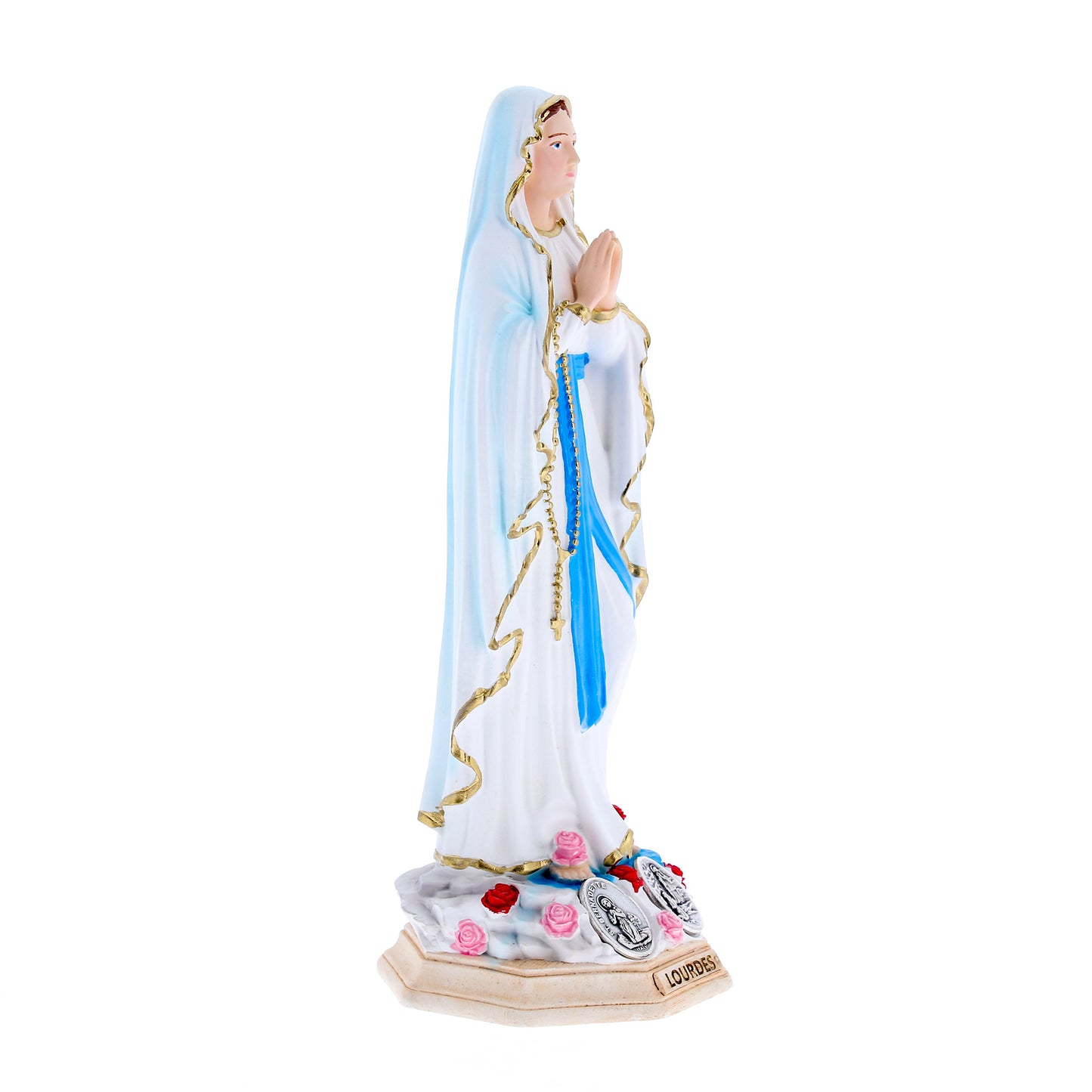 Statua Madonna di Lourdes, in resina colorata e medaglia. Altezza 40 cm