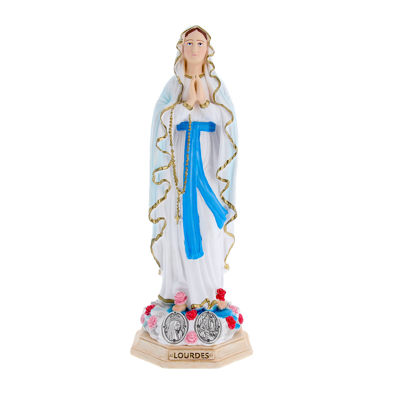 Statua Madonna di Lourdes, in resina colorata e medaglia. Altezza 30 cm