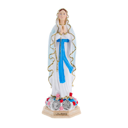 Statua Madonna di Lourdes, in resina colorata e medaglia. Altezza 30 cm