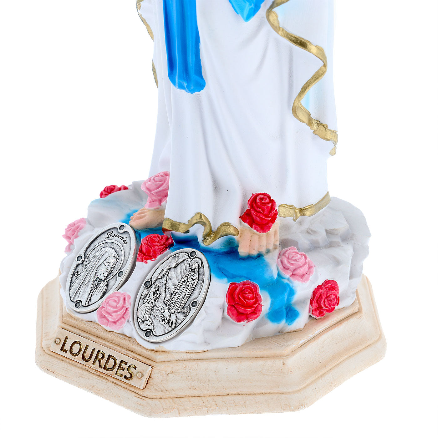 Statua Madonna di Lourdes, in resina colorata e medaglia. Altezza 30 cm