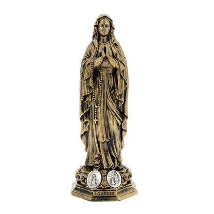 Statua Madonna di Lourdes in resina bronzata e medaglia. Altezza 20 cm