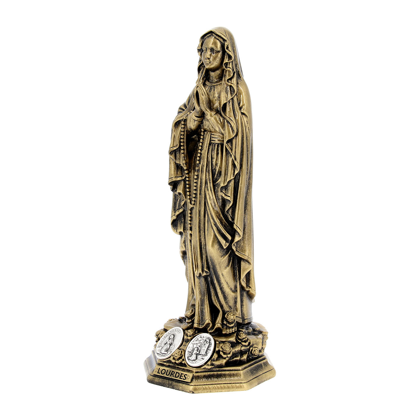 Statua Madonna di Lourdes in resina bronzata e medaglia. Altezza 20 cm