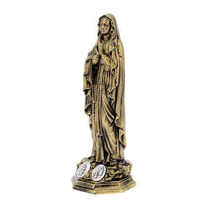 Statua Madonna di Lourdes in resina bronzata e medaglia. Altezza 20 cm