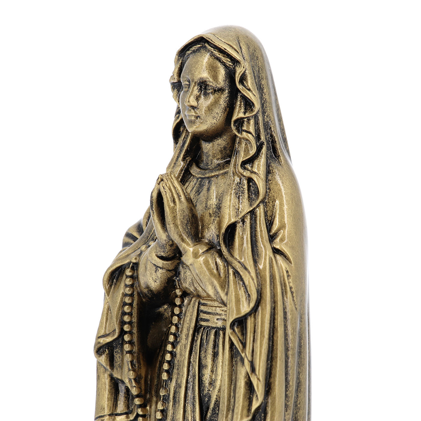 Statua Madonna di Lourdes in resina bronzata e medaglia. Altezza 20 cm