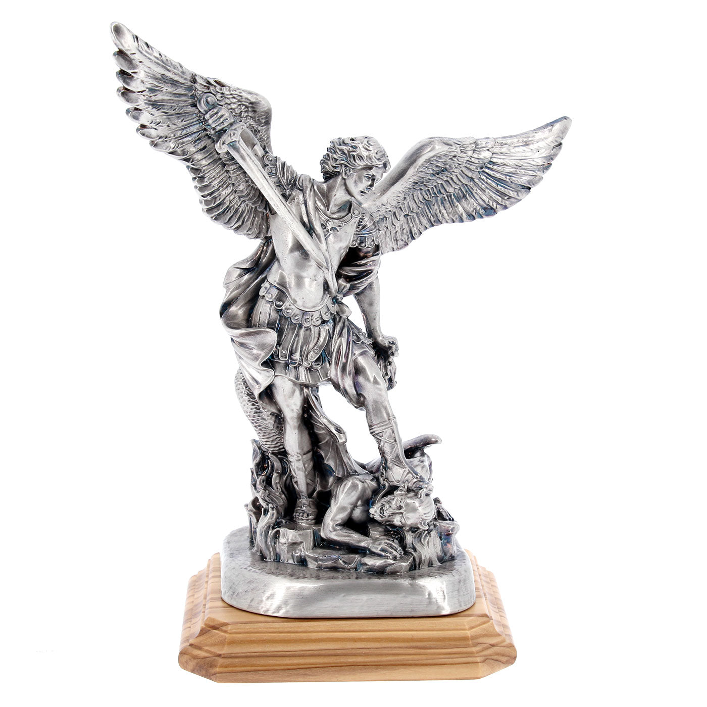 Statua San Michele in resina argentata e base ulivo. Altezza 16,5 cm