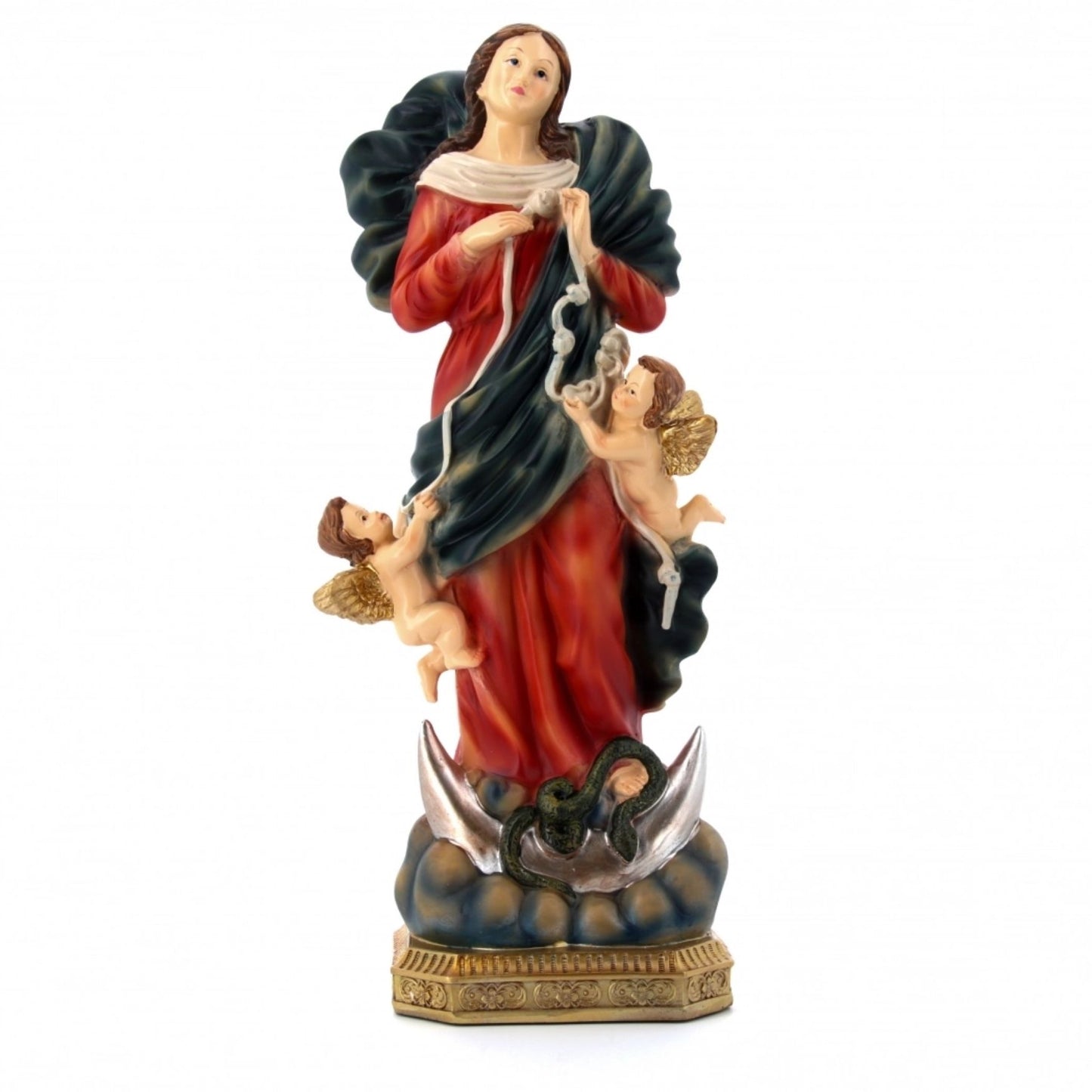Statua Maria che scioglie i nodi, in resina colorata. Altezza 31,5 cm