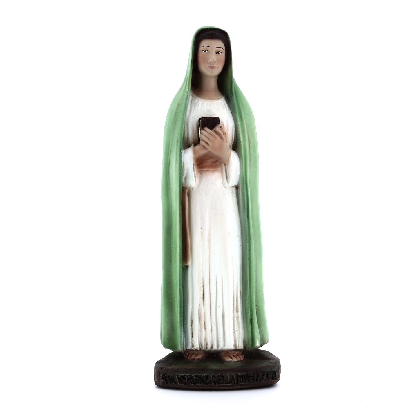 Statua Vergine della Rivelazione, in resina colorata. Altezza 32 cm