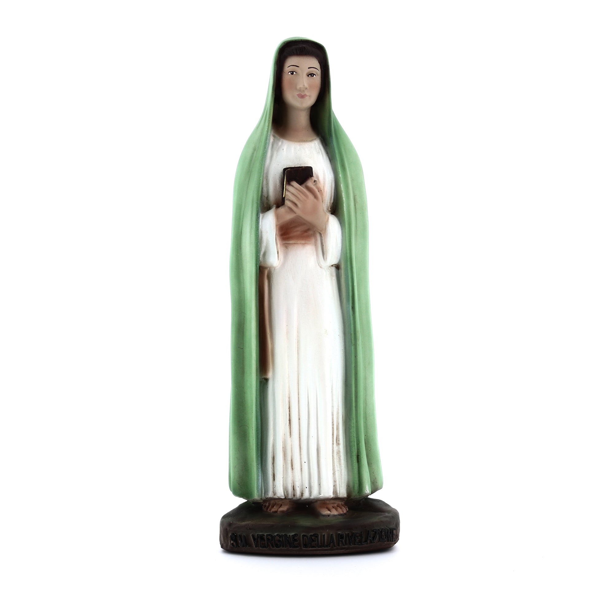 Statua Vergine della Rivelazione, in resina colorata. Altezza 32 cm
