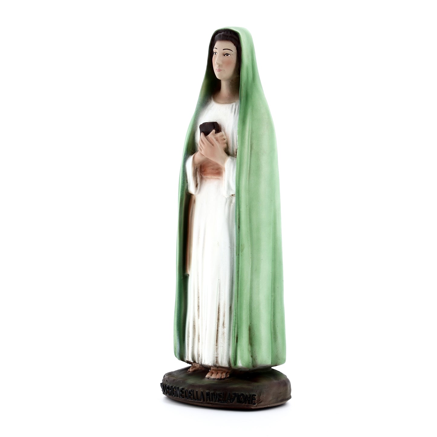 Statua Vergine della Rivelazione, in resina colorata. Altezza 32 cm