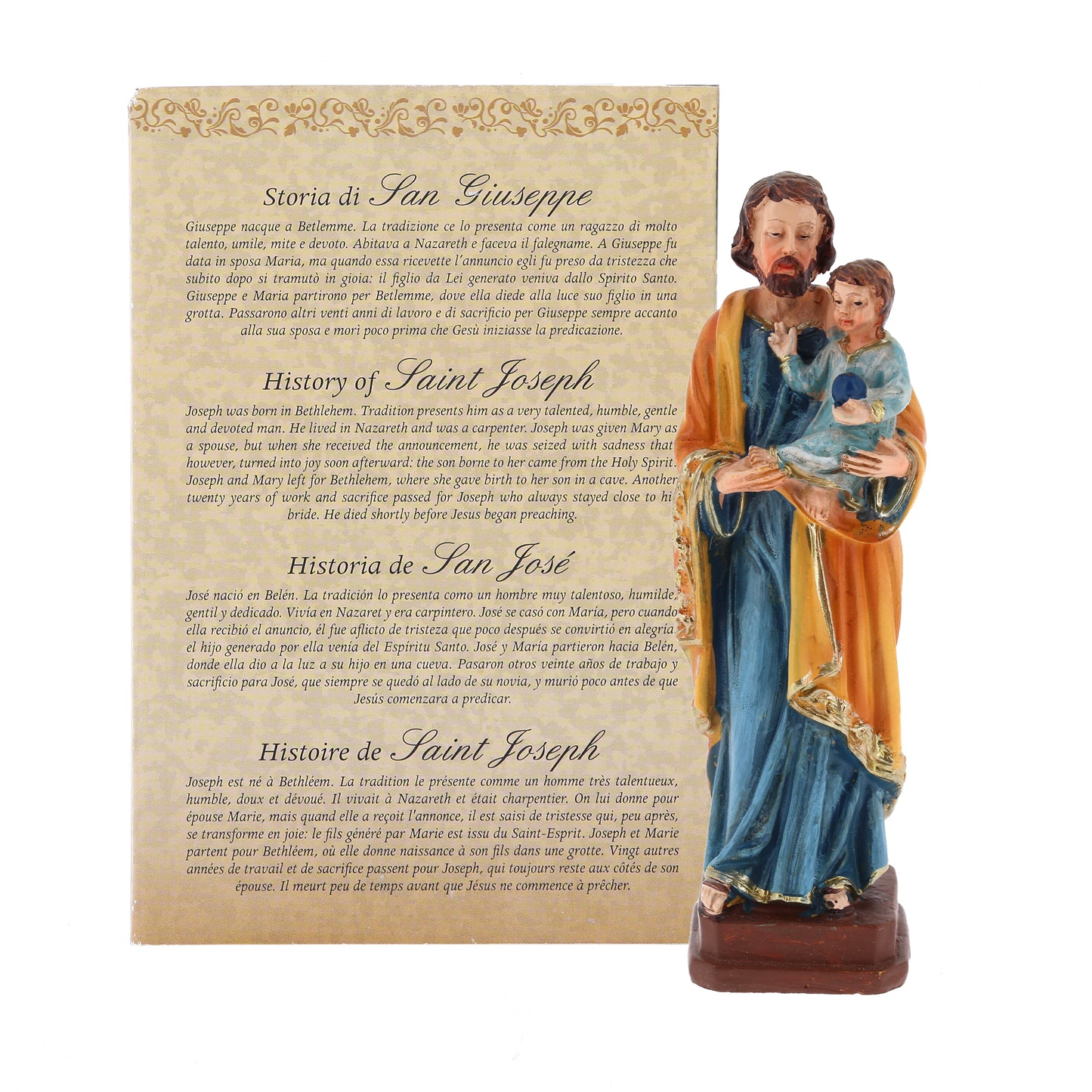 Statua San Giuseppe con bambino in resina, in confezione regalo. Altezza 12 cm