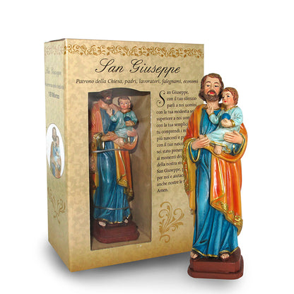 Statua San Giuseppe con bambino in resina, in confezione regalo. Altezza 12 cm