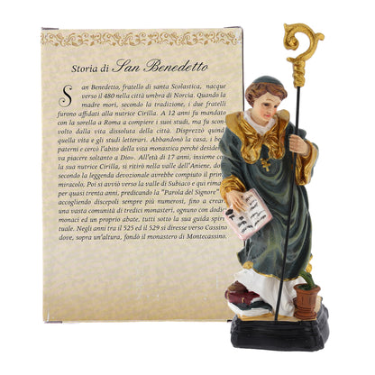 Statua San Benedetto in resina, in confezione regalo. Altezza 12 cm