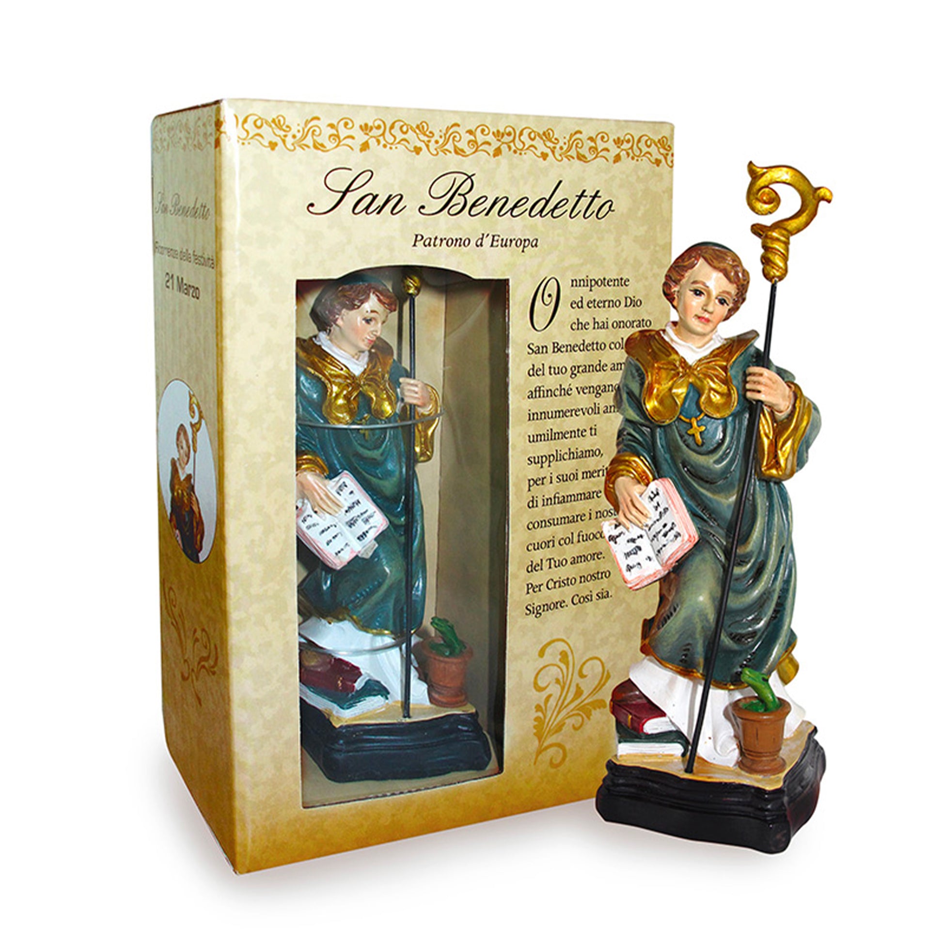 Statua San Benedetto in resina, in confezione regalo. Altezza 12 cm