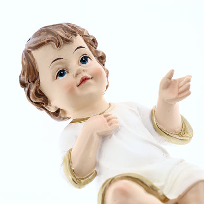 Statua Gesù Bambino vestito, in resina. Altezza 10,5 cm