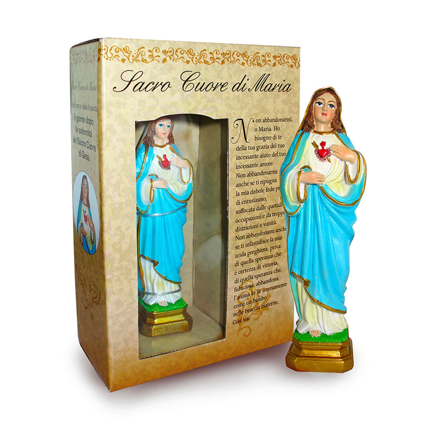 Statua Sacro Cuore di Maria in resina, in confezione regalo. Altezza 12 cm