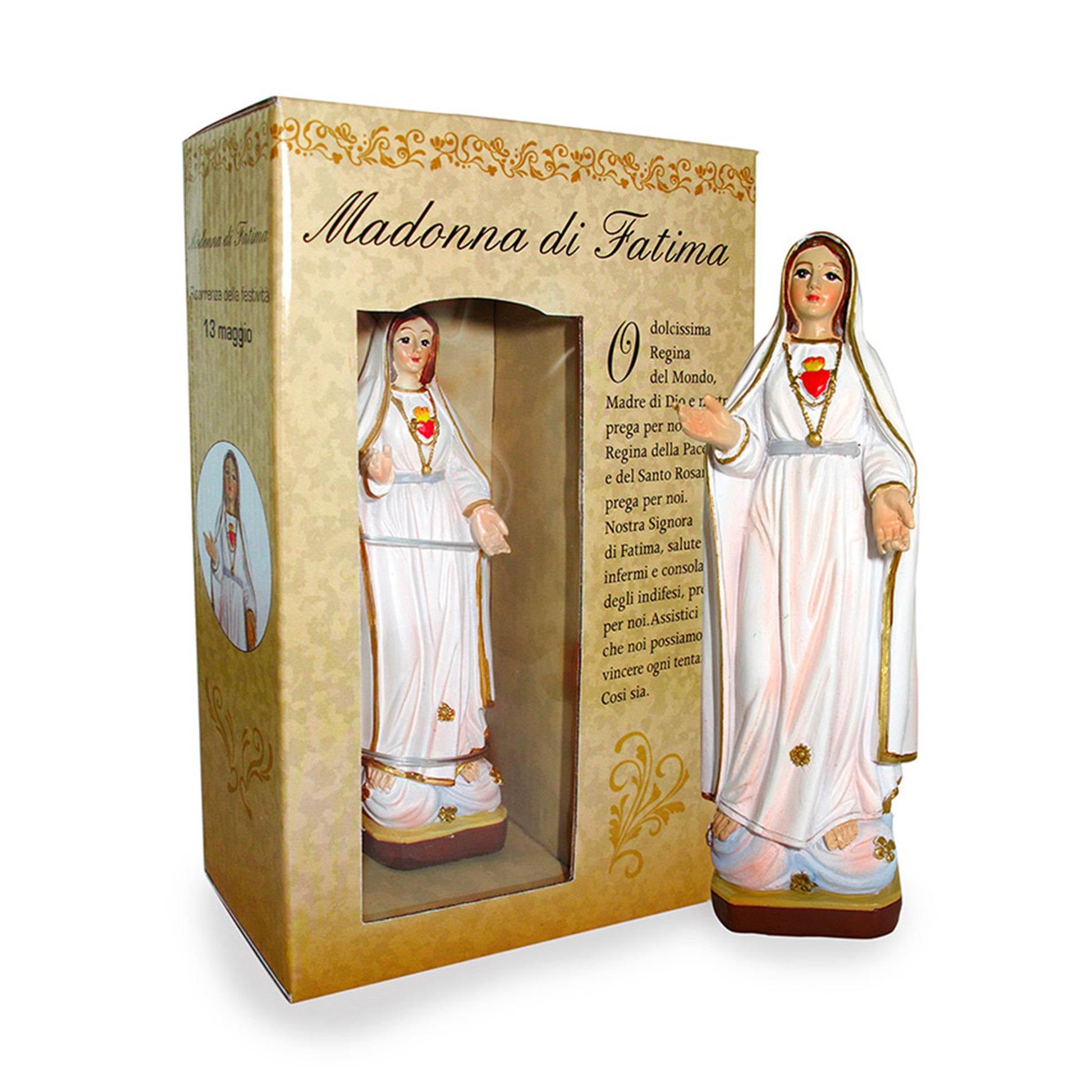 Statua Madonna di Fatima in resina, in confezione regalo. Altezza 12 cm