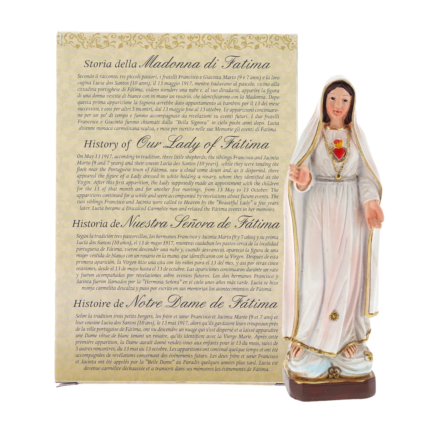 Statua Madonna di Fatima in resina, in confezione regalo. Altezza 12 cm