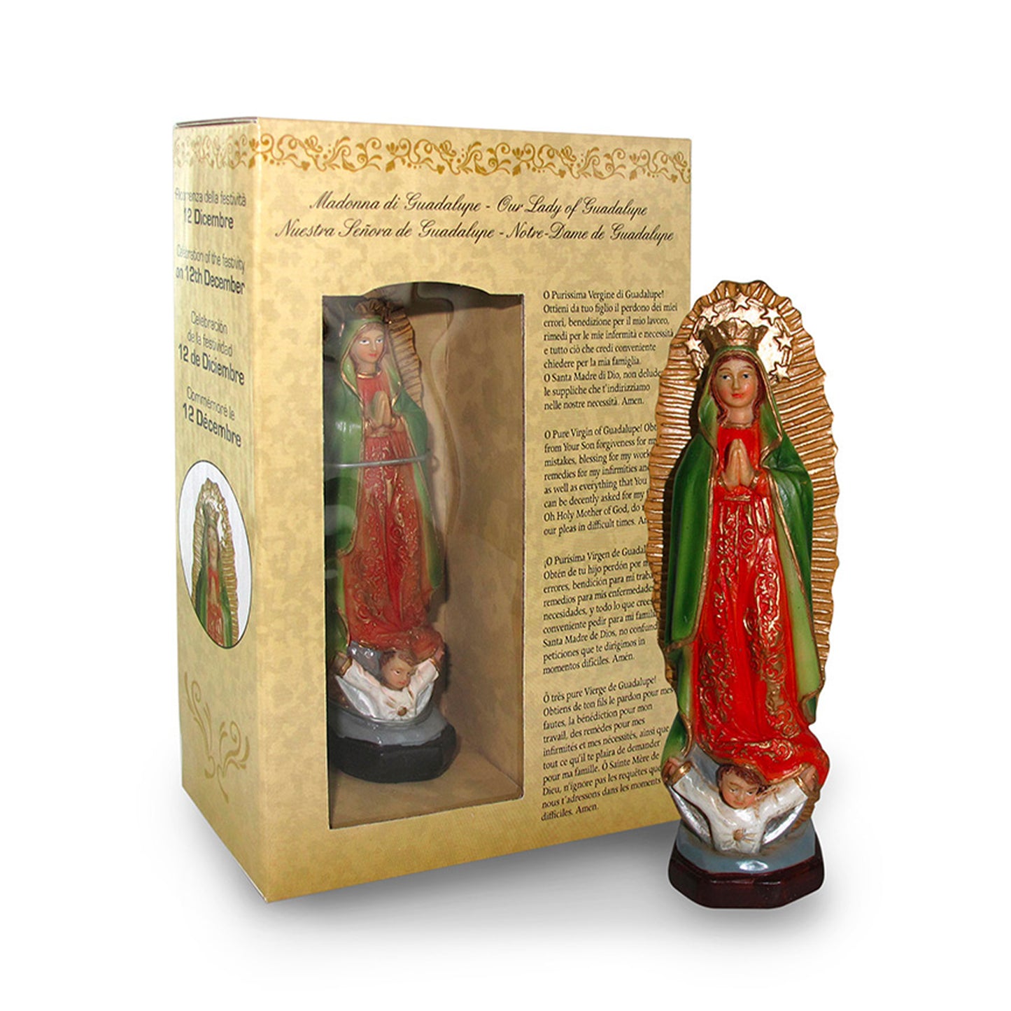 Statua Madonna di Guadalupe in resina, in confezione regalo. Altezza 12 cm