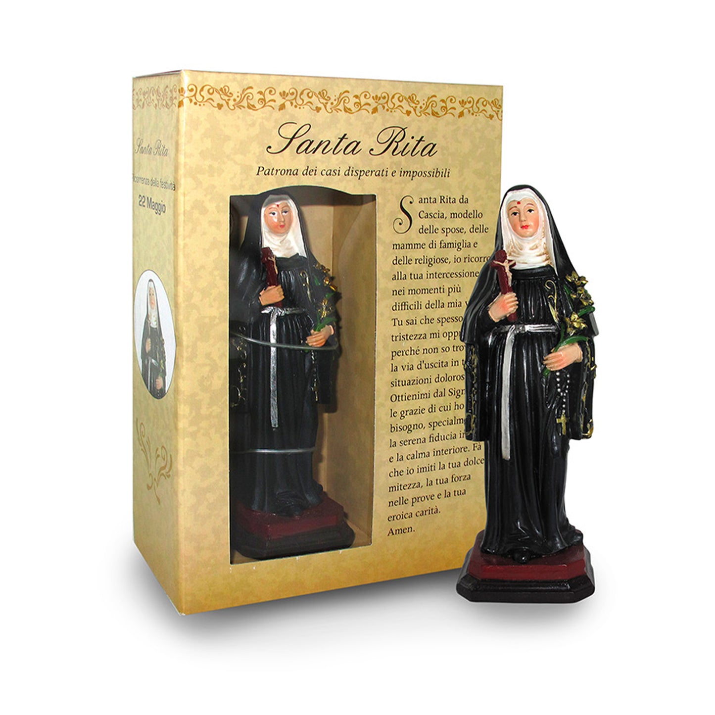 Statua Santa Rita in resina, in confezione regalo. Altezza 12 cm