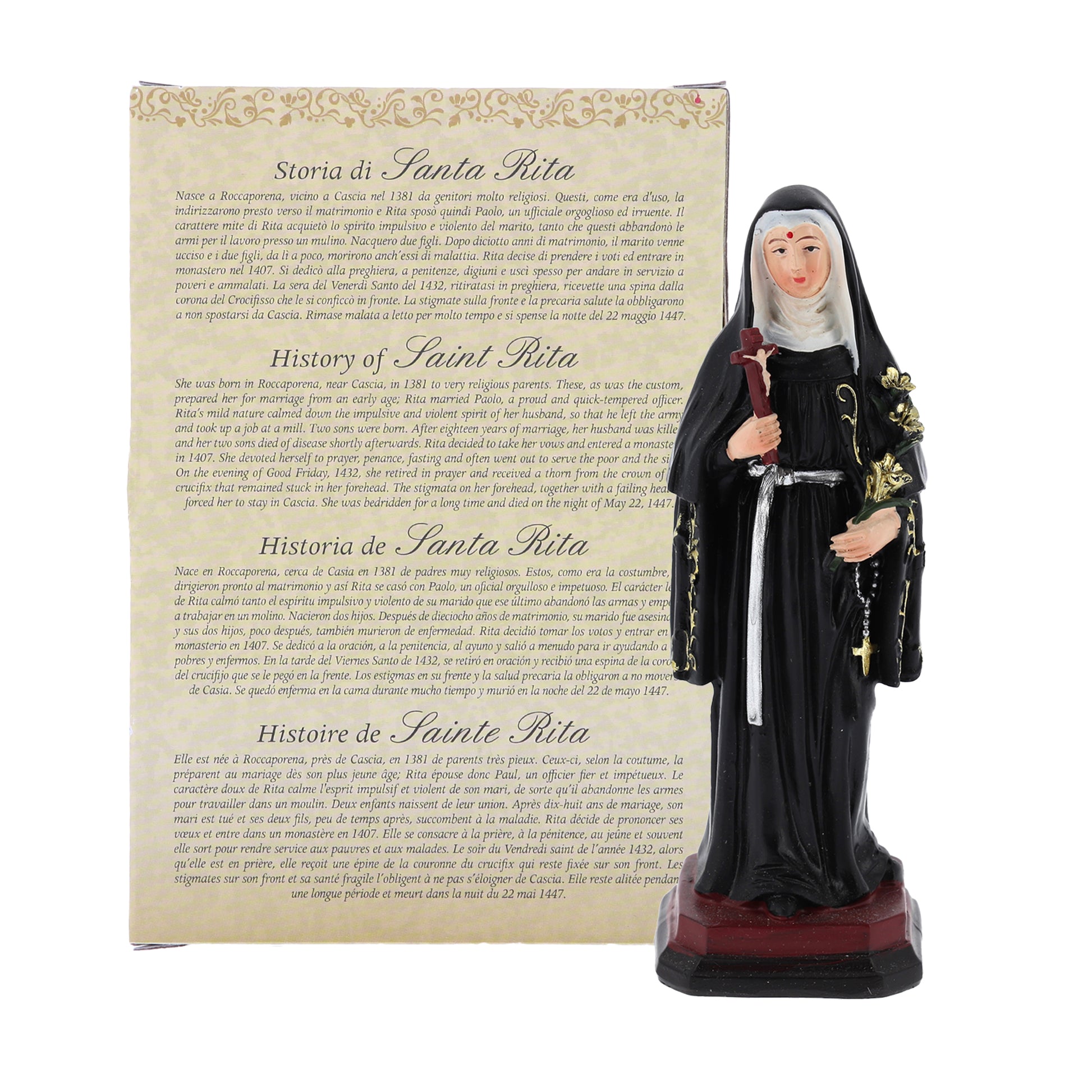 Statua Santa Rita in resina, in confezione regalo. Altezza 12 cm