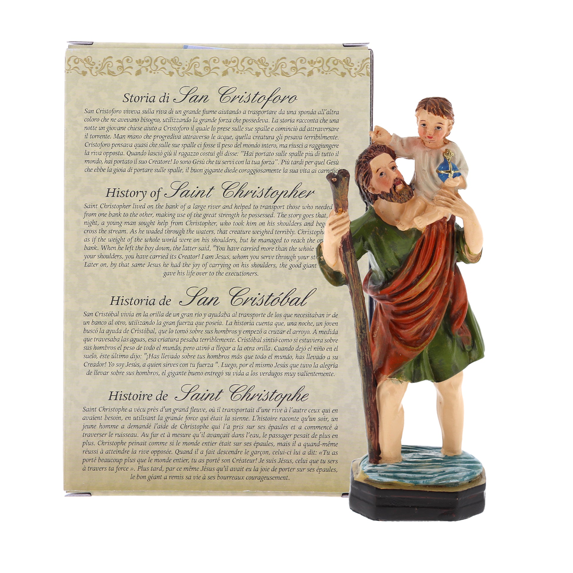 Statua San Cristoforo in resina, in confezione regalo. Altezza 12 cm