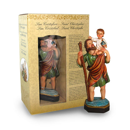 Statua San Cristoforo in resina, in confezione regalo. Altezza 12 cm