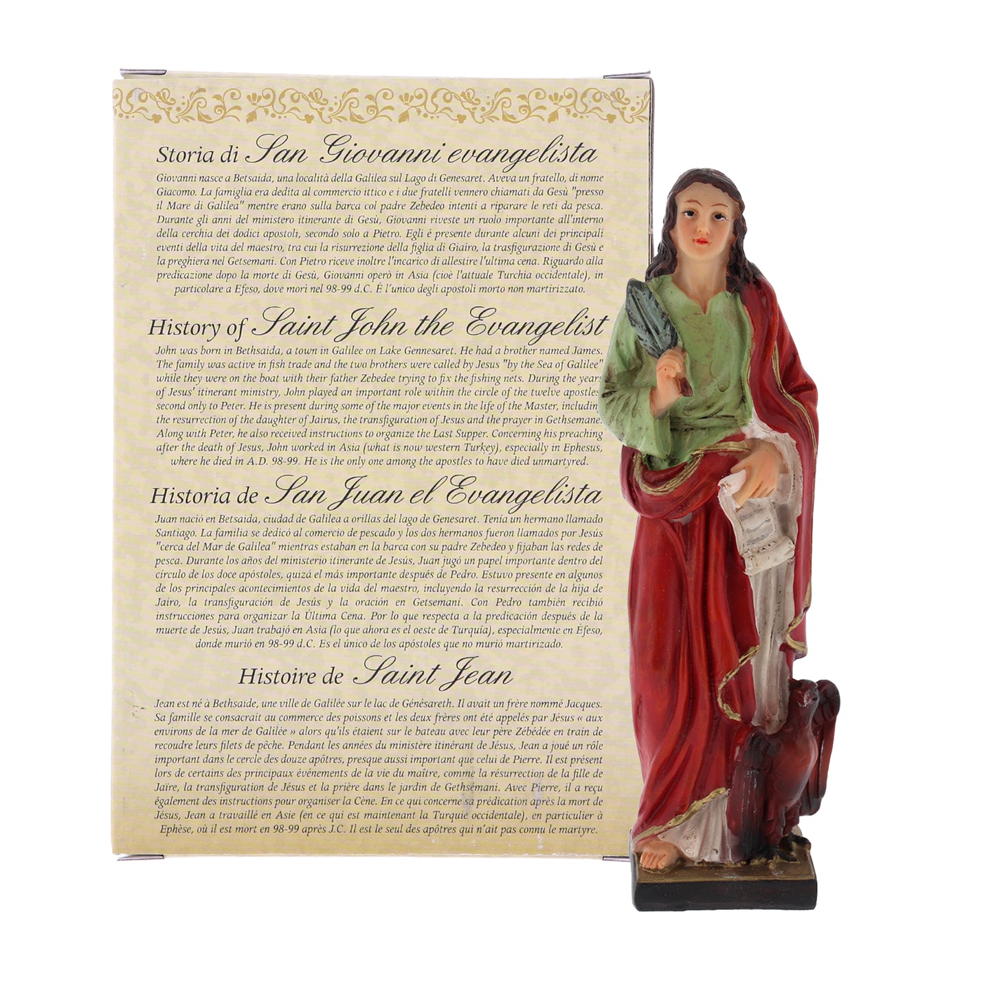 Statua San Giovanni Evangelista in resina, in confezione regalo. Altezza 12 cm