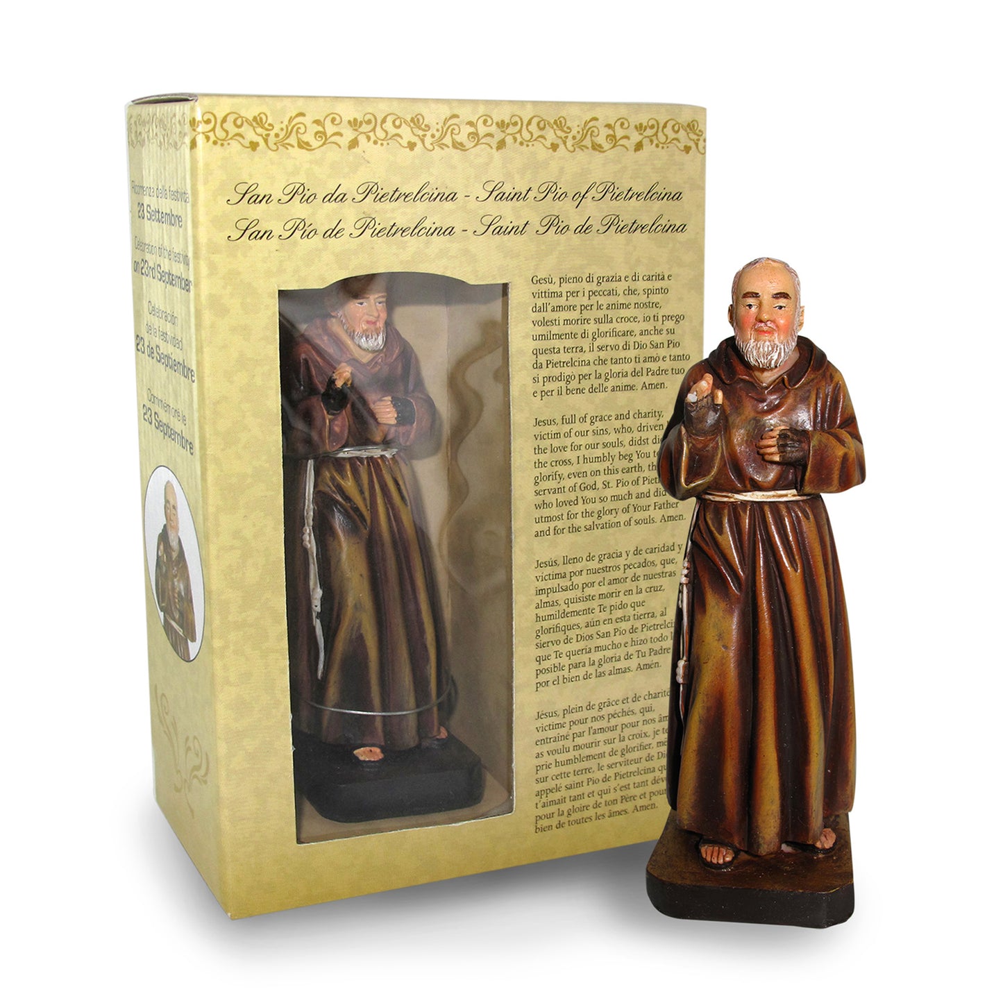 Statua San Pio in resina, in confezione regalo. Altezza 12 cm