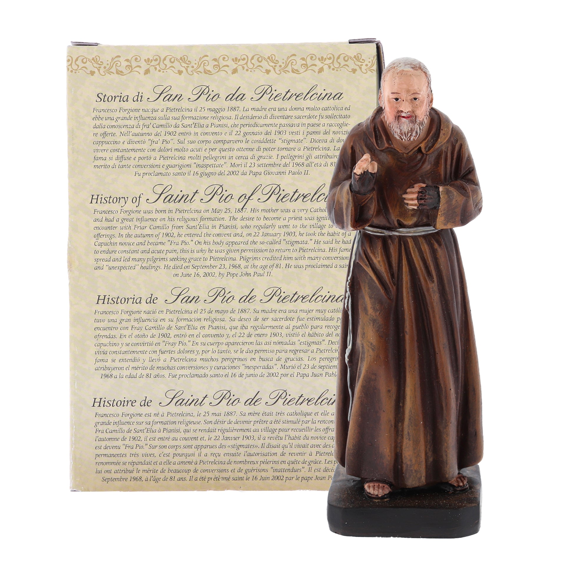 Statua San Pio in resina, in confezione regalo. Altezza 12 cm