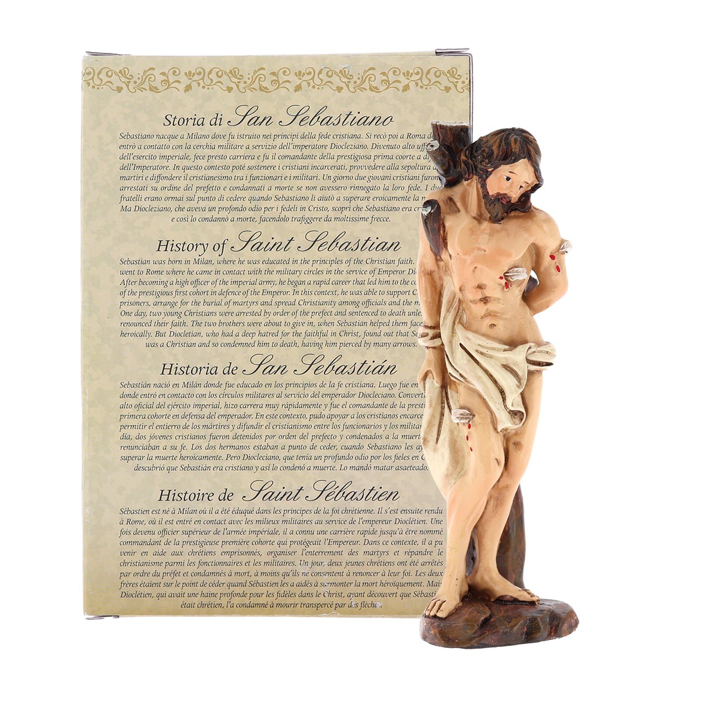 Statua San Sebastiano in resina, in confezione regalo. Altezza 12 cm