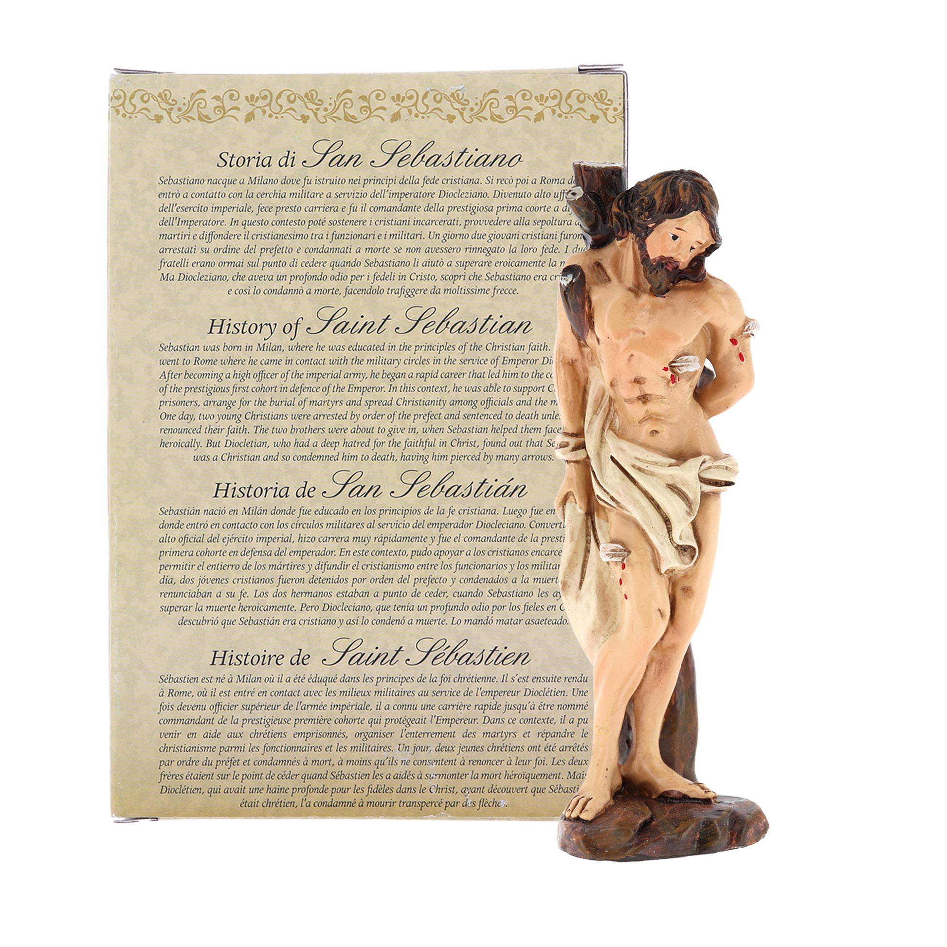Statua San Sebastiano in resina, in confezione regalo. Altezza 12 cm